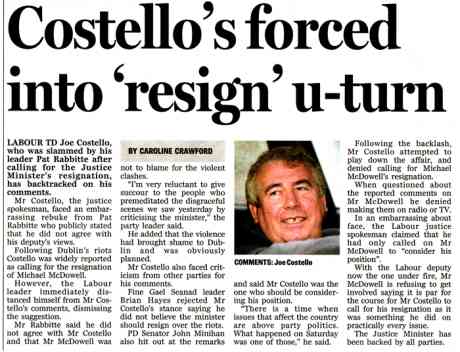Click on image to see full-sized version Joe Costello laid low after breaking unwritten establishment rule