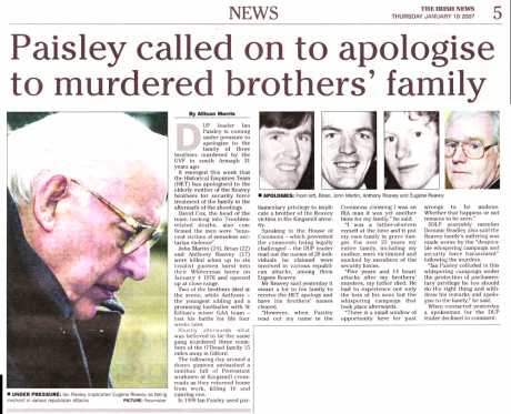 Click on image to see full-sized version Ian Paisley asked to apologise for siding with RUC killers against one of their victims