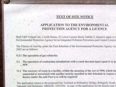 Click on image to see full-sized version Planing Permission sign at Ballinaboy Refinery site