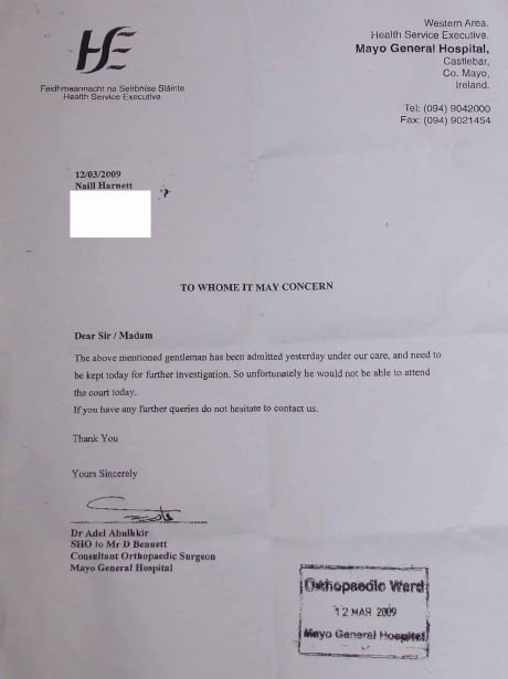 Letter from Hospital to court