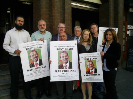 Click on image to see full-sized version L-R: Muhummad Ali (Pakistan), Dr. Mudufar Al Twash (Iraq), Robert Ballagh (Artist), Sr Nouri Al Kaziz (Iraq), Roger Cole (PANA), Freda Hughes (IPSC), Richard Boyd Barrett (IAWM) & Claudia Saba (IAWM)
